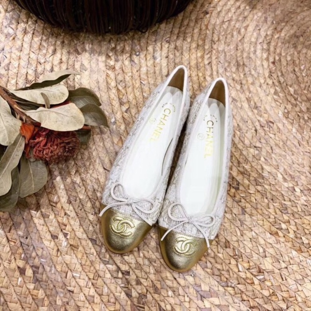 Chanel Ballet Flats - gold cap toe and tweed